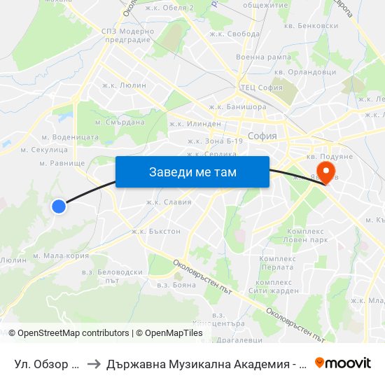 Ул. Обзор / Obzor St. to Държавна Музикална Академия - Инструментален Факултет map