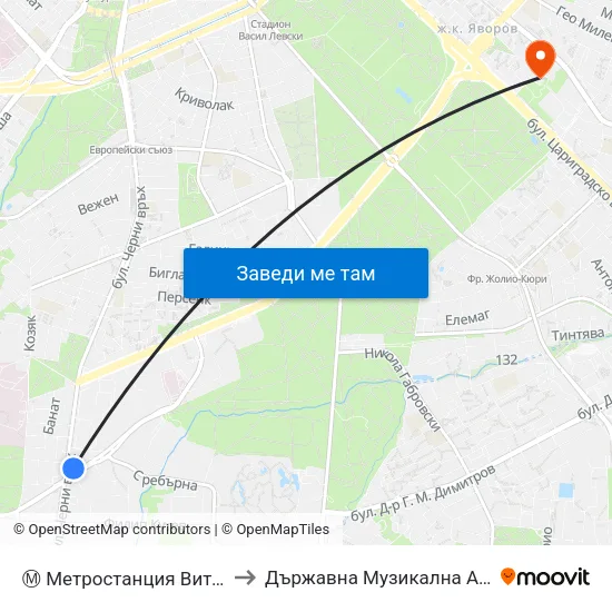 Ⓜ️ Метростанция Витоша / Vitosha Metro Station (0911) to Държавна Музикална Академия - Инструментален Факултет map