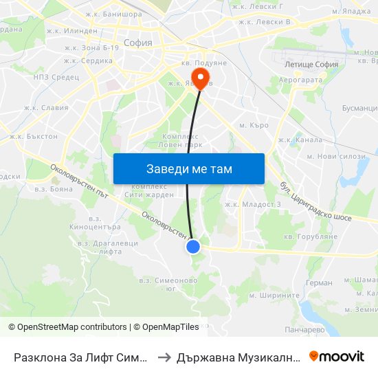 Разклона За Лифт Симеоново / Fork Road To Lift Simeonovo (2791) to Държавна Музикална Академия - Инструментален Факултет map