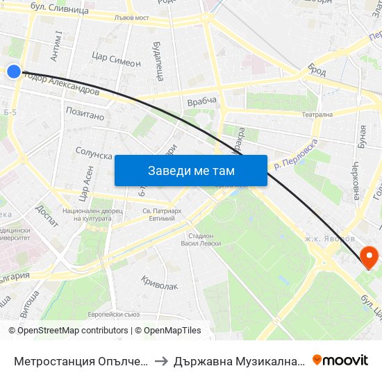 Метростанция Опълченска / Opalchenska Metro Station (6407) to Държавна Музикална Академия - Инструментален Факултет map