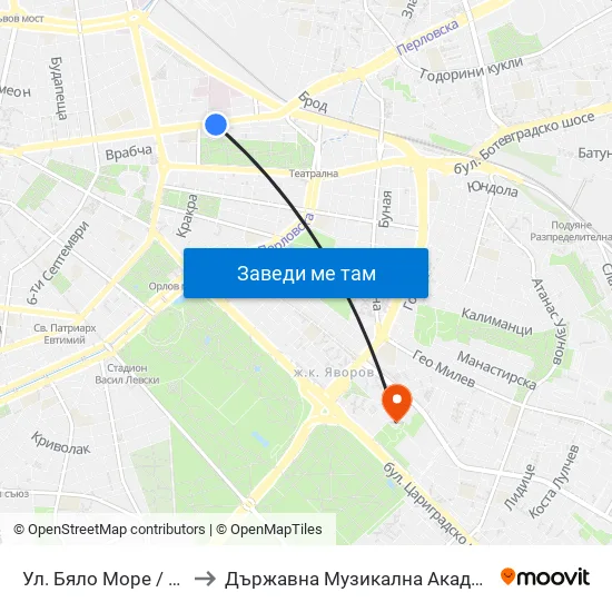 Ул. Бяло Море / Byalo More St. (1858) to Държавна Музикална Академия - Инструментален Факултет map