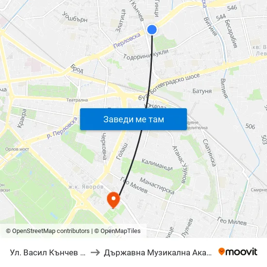 Ул. Васил Кънчев / Vasil Kanchev St. (1863) to Държавна Музикална Академия - Инструментален Факултет map