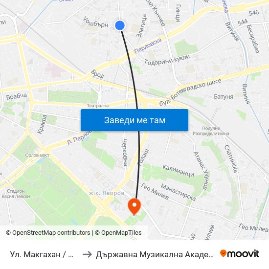 Ул. Макгахан / Macgahan St. (2481) to Държавна Музикална Академия - Инструментален Факултет map