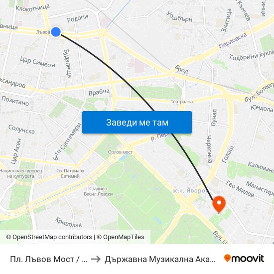 Пл. Лъвов Мост / Lions' Bridge Sq. (1275) to Държавна Музикална Академия - Инструментален Факултет map