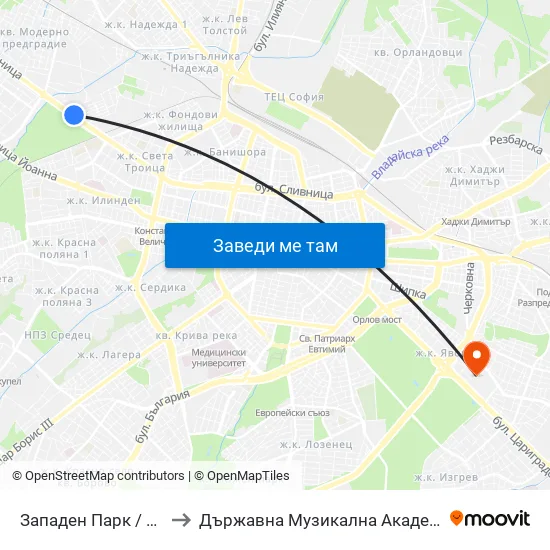 Западен Парк / Zapaden Park (1253) to Държавна Музикална Академия - Инструментален Факултет map