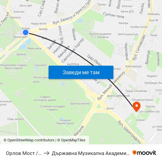 Орлов Мост / Eagles' Bridge to Държавна Музикална Академия - Инструментален Факултет map