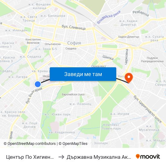 Център По Хигиена / Centre Of Hygiene (2343) to Държавна Музикална Академия - Инструментален Факултет map