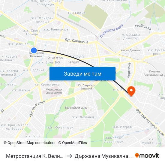 Метростанция К. Величков / K. Velichkov Metro Station (1051) to Държавна Музикална Академия - Инструментален Факултет map