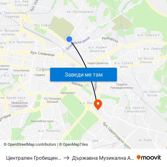 Централен Гробищен Парк / Sofia City Cemetery (2332) to Държавна Музикална Академия - Инструментален Факултет map