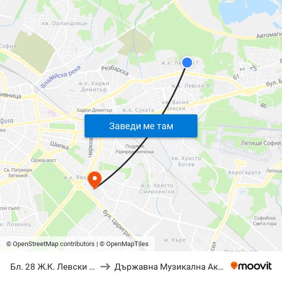 Бл. 28 Ж.К. Левски В / Bl. 28, Levski V Qr. (6599) to Държавна Музикална Академия - Инструментален Факултет map