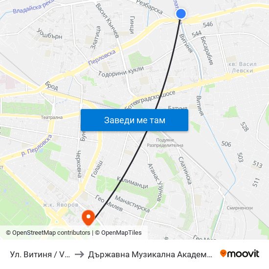 Ул. Витиня / Vitinya St. (6332) to Държавна Музикална Академия - Инструментален Факултет map