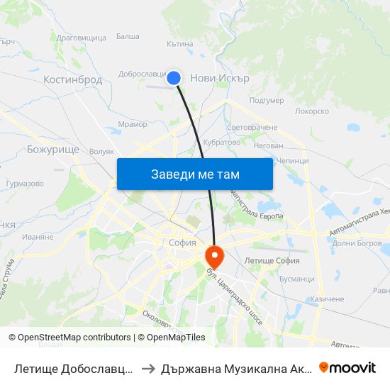 Летище Добославци / Dobroslavtsi Airport (1003) to Държавна Музикална Академия - Инструментален Факултет map
