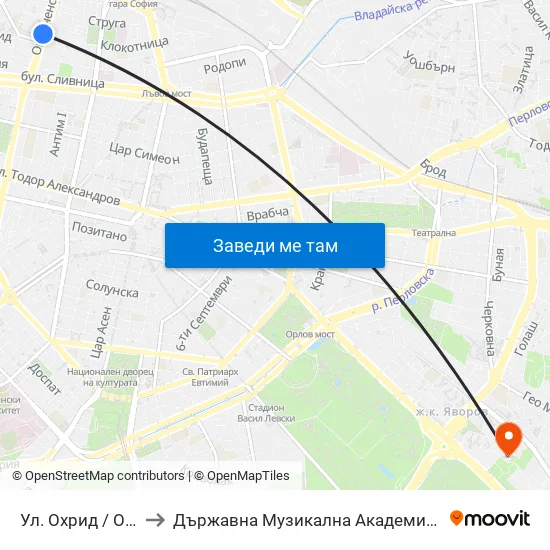 Ул. Охрид / Ohrid St. (2105) to Държавна Музикална Академия - Инструментален Факултет map