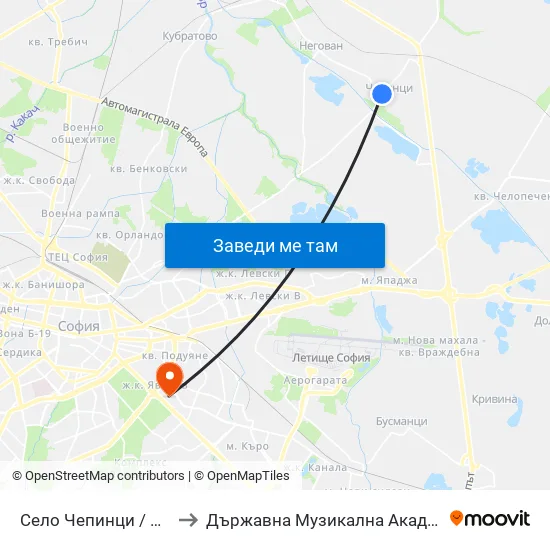 Село Чепинци / Chepintsi Village (6166) to Държавна Музикална Академия - Инструментален Факултет map