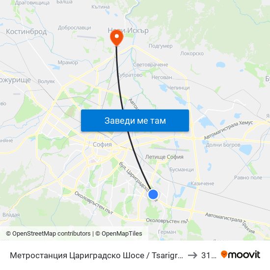 Метростанция Цариградско Шосе / Tsarigradsko Shosse Metro Station (1016) to 31 Дкц map