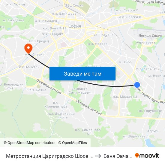 Метростанция Цариградско Шосе / Tsarigradsko Shosse Metro Station (1016) to Баня Овча Купел (Бивша) map