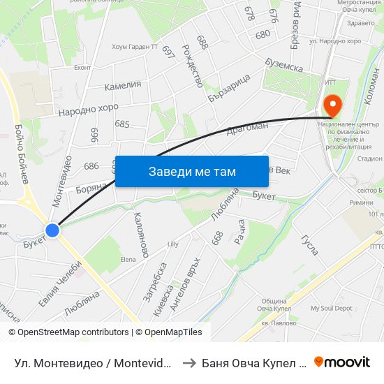 Ул. Монтевидео / Montevideo St. (2050) to Баня Овча Купел (Бивша) map
