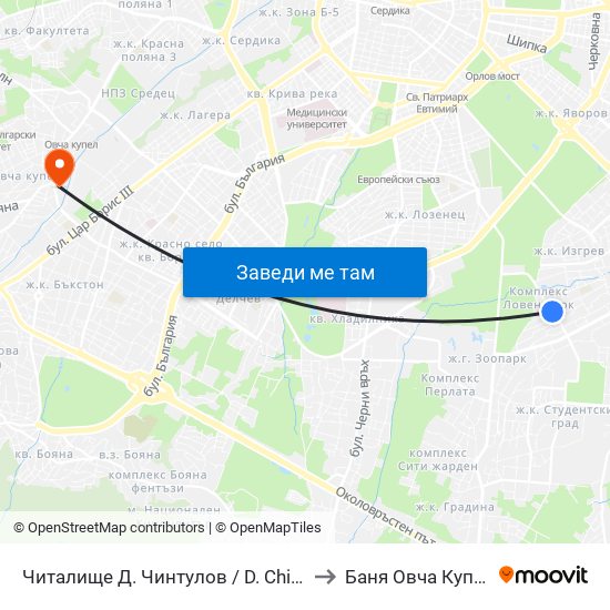 Читалище Д. Чинтулов / D. Chintulov Library (2365) to Баня Овча Купел (Бивша) map