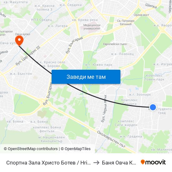 Спортна Зала Христо Ботев / Hristo Botev Sports Hall (1611) to Баня Овча Купел (Бивша) map