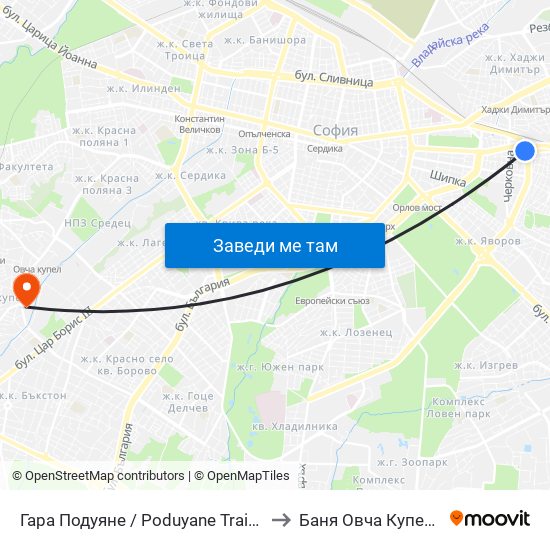 Гара Подуяне / Poduyane Train Station (0468) to Баня Овча Купел (Бивша) map