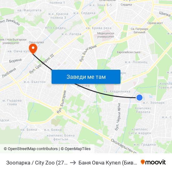 Зоопарка / City Zoo (2764) to Баня Овча Купел (Бивша) map
