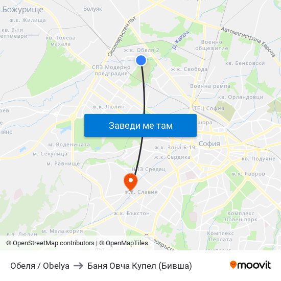 Обеля / Obelya to Баня Овча Купел (Бивша) map