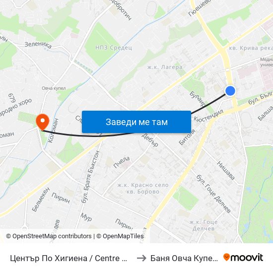 Център По Хигиена / Centre Of Hygiene (2343) to Баня Овча Купел (Бивша) map
