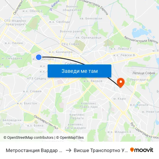 Метростанция Вардар / Vardar Metro Station (1046) to Висше Транспортно Училище Тодор Каблешков map