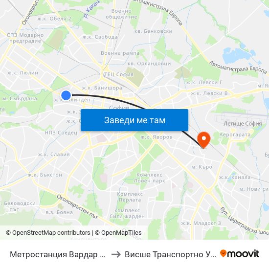 Метростанция Вардар / Vardar Metro Station (1047) to Висше Транспортно Училище Тодор Каблешков map