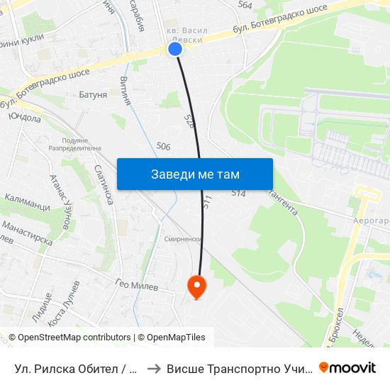 Ул. Рилска Обител / Rilska Obitel St. (2158) to Висше Транспортно Училище Тодор Каблешков map