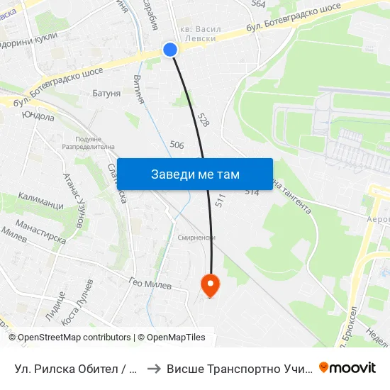 Ул. Рилска Обител / Rilska Obitel St. (2159) to Висше Транспортно Училище Тодор Каблешков map