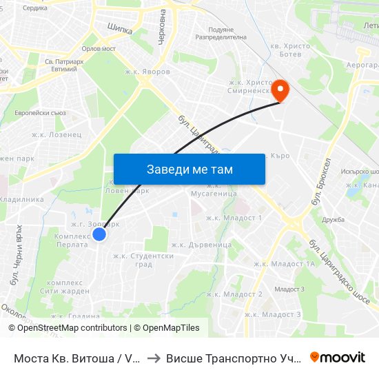 Моста Кв. Витоша / Vitosha the Bridge (1076) to Висше Транспортно Училище Тодор Каблешков map
