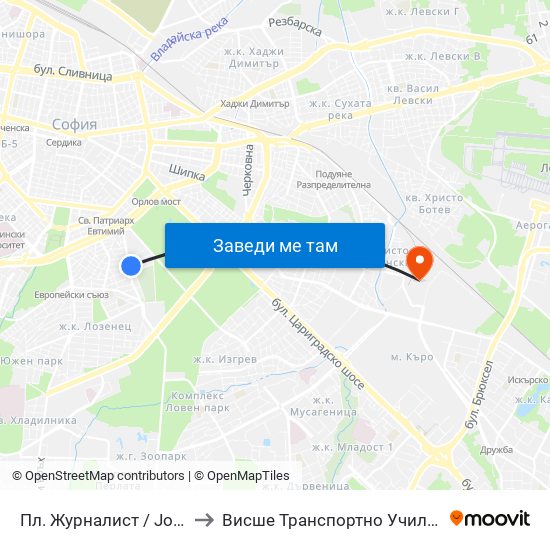 Пл. Журналист / Journalist Sq. (1273) to Висше Транспортно Училище Тодор Каблешков map