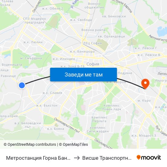 Ⓜ️ Метростанция Горна Баня / Gorna Banya Metro Station (0683) to Висше Транспортно Училище Тодор Каблешков map