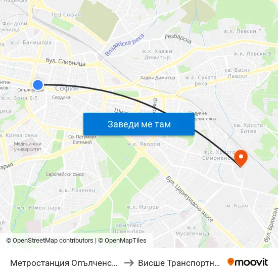 Ⓜ️ Метростанция Опълченска / Opalchenska Metro Station (1058) to Висше Транспортно Училище Тодор Каблешков map