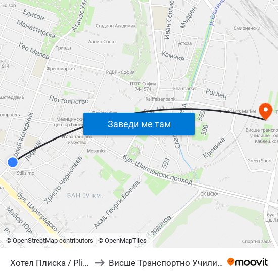Хотел Плиска / Pliska Hotel (2325) to Висше Транспортно Училище Тодор Каблешков map