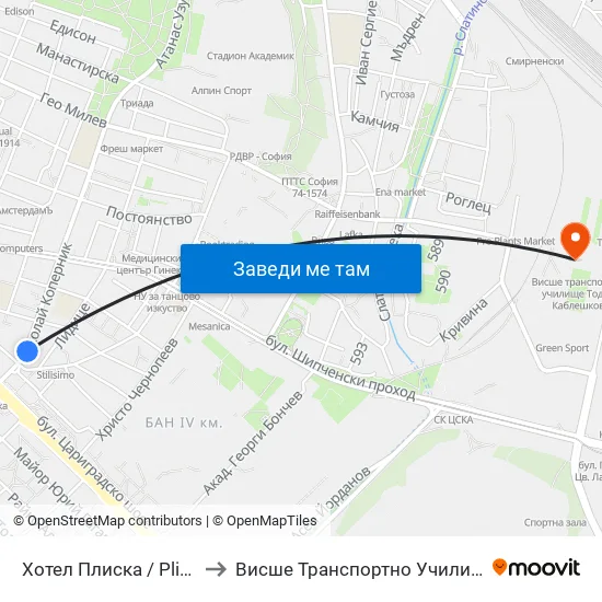 Хотел Плиска / Pliska Hotel (2325) to Висше Транспортно Училище Тодор Каблешков map