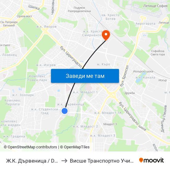 Ж.К. Дървеница / Darvenitsa Qr. (1015) to Висше Транспортно Училище Тодор Каблешков map
