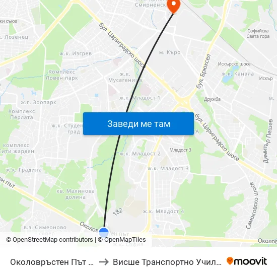 🛍️ Околовръстен Път / Ring Road (0415) to Висше Транспортно Училище Тодор Каблешков map