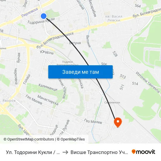 Ул. Тодорини Кукли / Todorini Kukli St. (2217) to Висше Транспортно Училище Тодор Каблешков map