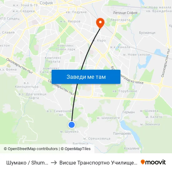 Шумако / Shumako (2377) to Висше Транспортно Училище Тодор Каблешков map