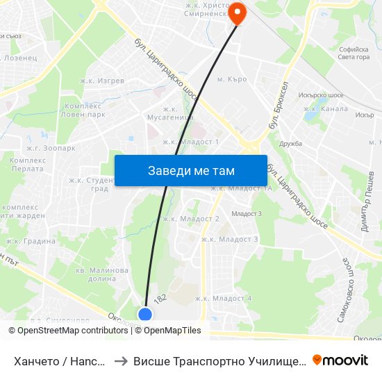 Ханчето / Hancheto (2300) to Висше Транспортно Училище Тодор Каблешков map