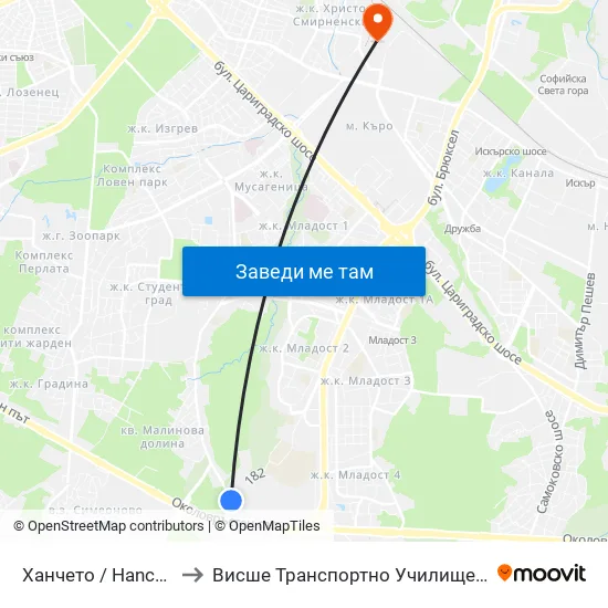 Ханчето / Hancheto (2300) to Висше Транспортно Училище Тодор Каблешков map
