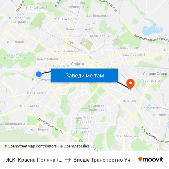 Ж.К. Красна Поляна / Krasna Polyana (0631) to Висше Транспортно Училище Тодор Каблешков map