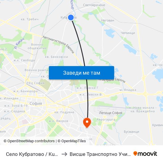 Село Кубратово / Kubratovo Village (1543) to Висше Транспортно Училище Тодор Каблешков map