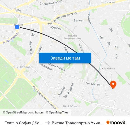 Театър София / Sofia Theatre (1724) to Висше Транспортно Училище Тодор Каблешков map