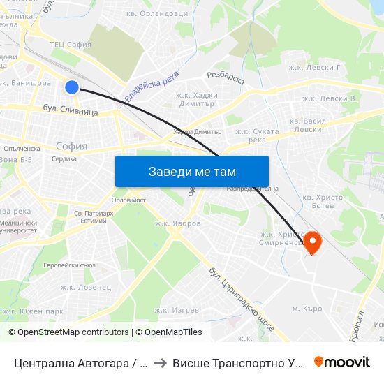 Централна Автогара / Central Bus Station (2665) to Висше Транспортно Училище Тодор Каблешков map
