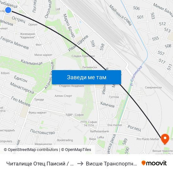Читалище Отец Паисий / Otets Paisiy Community Centre (2367) to Висше Транспортно Училище Тодор Каблешков map
