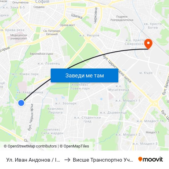 Ул. Иван Андонов / Ivan Andonov St. (1801) to Висше Транспортно Училище Тодор Каблешков map