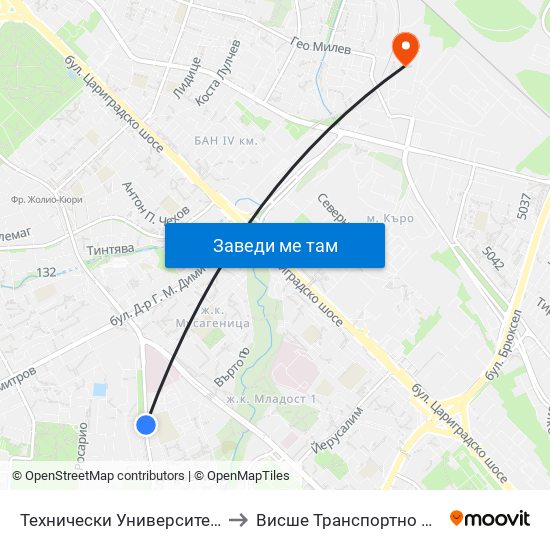 Технически Университет / Technical University (1740) to Висше Транспортно Училище Тодор Каблешков map